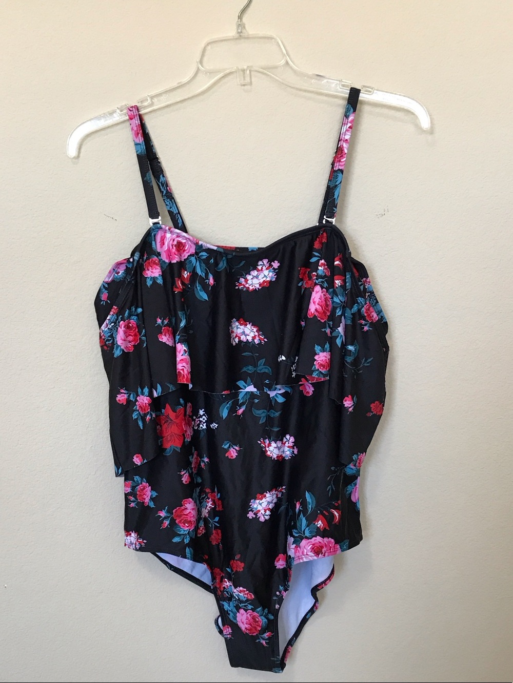 Black Floral Cami Swimsuit with Pink Rose Print
